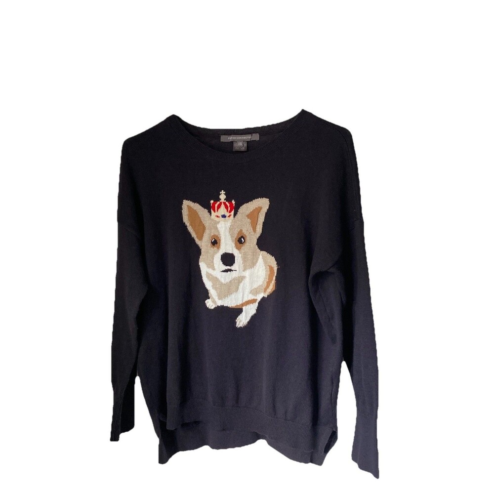 FRENCH CONNECTION Cotton Sweater CORGI DOG Size XS Navy Blue Crewneck